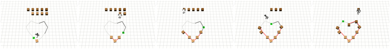 VLM integration examples. Given prompt: “Arrange scattered boxes into a heart shape.”